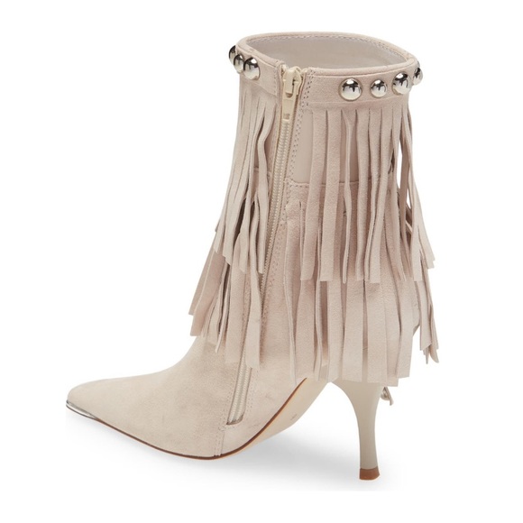 Jeffrey Campbell Stiletto Fringe Stud Bone White Suede Pointed Toe Bootie NWT - Picture 3 of 12